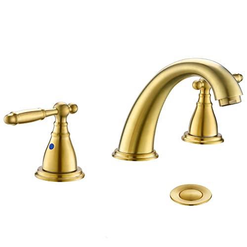 Phiestina Widespread Brushed Gold 8 Inch 3 Hole 2-Handle Bathroom Faucet with Metal Pop-Up Drain Assembly, Low Arc Bathroom Sink Faucet, WF008-4-BG - Image 1