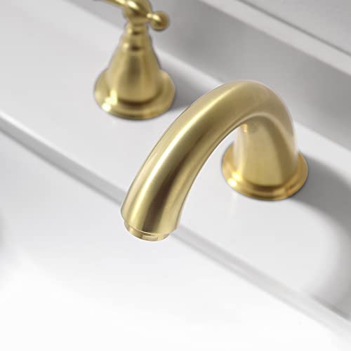Phiestina Widespread Brushed Gold 8 Inch 3 Hole 2-Handle Bathroom Faucet with Metal Pop-Up Drain Assembly, Low Arc Bathroom Sink Faucet, WF008-4-BG - Image 4