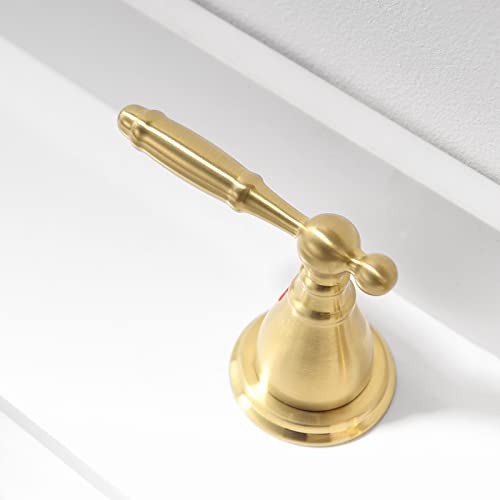 Phiestina Widespread Brushed Gold 8 Inch 3 Hole 2-Handle Bathroom Faucet with Metal Pop-Up Drain Assembly, Low Arc Bathroom Sink Faucet, WF008-4-BG - Image 5