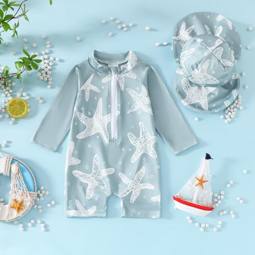 Noubeau Baby Boys' One Piece Swimsuits Toddler Swimwear with Rash Guard Infant Bathing Suit for Boys Swim Sun Hat Set (US, Age, 6 Months, 12 Months, Starfish) - Image 2