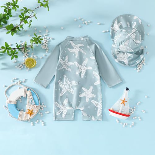 Noubeau Baby Boys' One Piece Swimsuits Toddler Swimwear with Rash Guard Infant Bathing Suit for Boys Swim Sun Hat Set (US, Age, 6 Months, 12 Months, Starfish) - Image 3