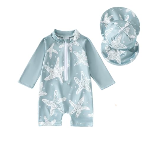 Noubeau Baby Boys' One Piece Swimsuits Toddler Swimwear with Rash Guard Infant Bathing Suit for Boys Swim Sun Hat Set (US, Age, 6 Months, 12 Months, Starfish) - Image 1