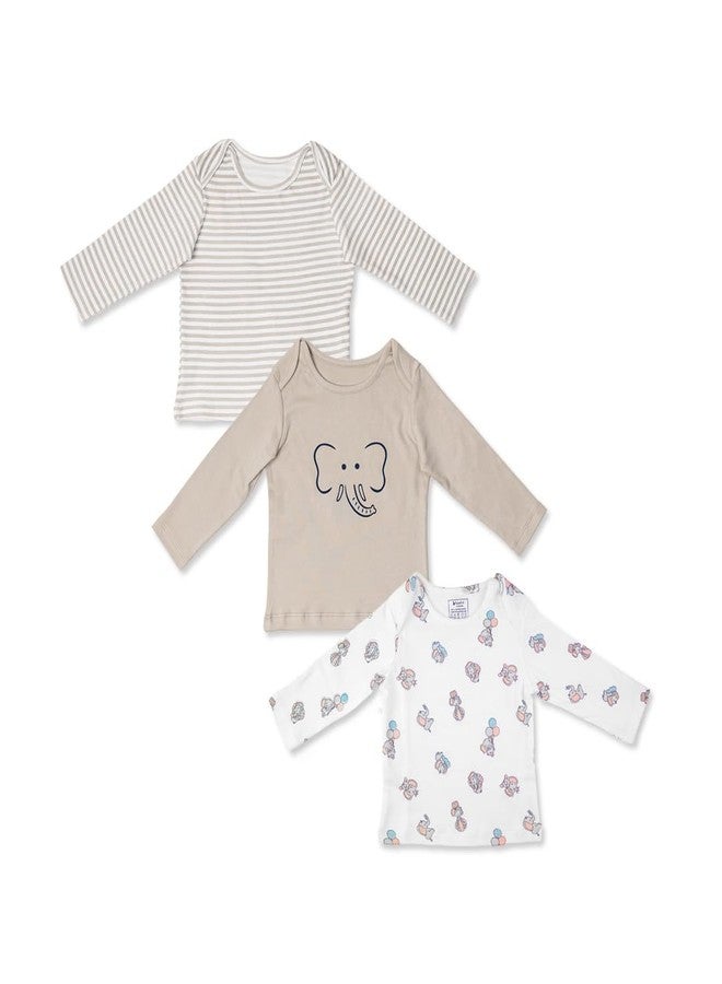 FawnFeel New Born Babies Tshirt Combo of 3 Tshirts (in, Age, 3 Months, 6 Months, Regular, All Over Elephant, Grey Strip & Grey with Elephant) - Image 1