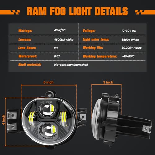 KARSAM Upgraded Ram 1500 LED Fog Lights for Dodge Ram 1500/2500/3500 2002 2003 2004 2005 2006 2007 2008 2009 Pickup Truck Accessories, 80W Fog Light Assembly Replacement Kit,DOT Front Bumper Fog Lamps - Image 2