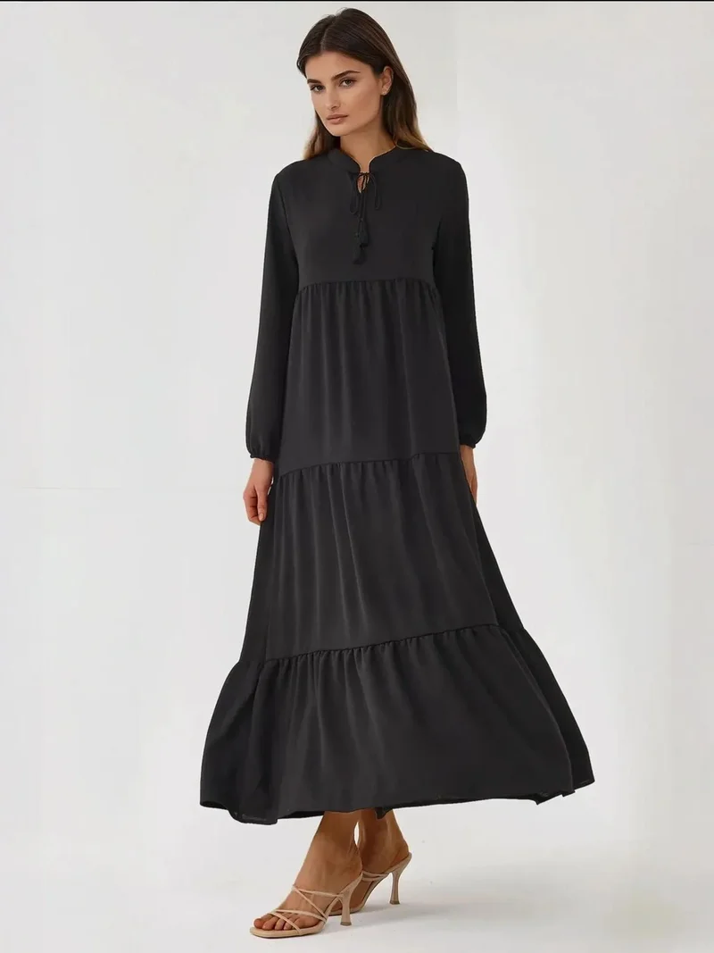 HICCUP Textured Crew Neck Maxi Dress with Buttons