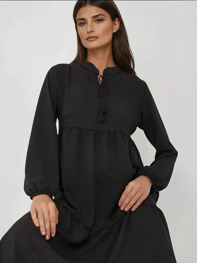 HICCUP Textured Crew Neck Maxi Dress with Buttons