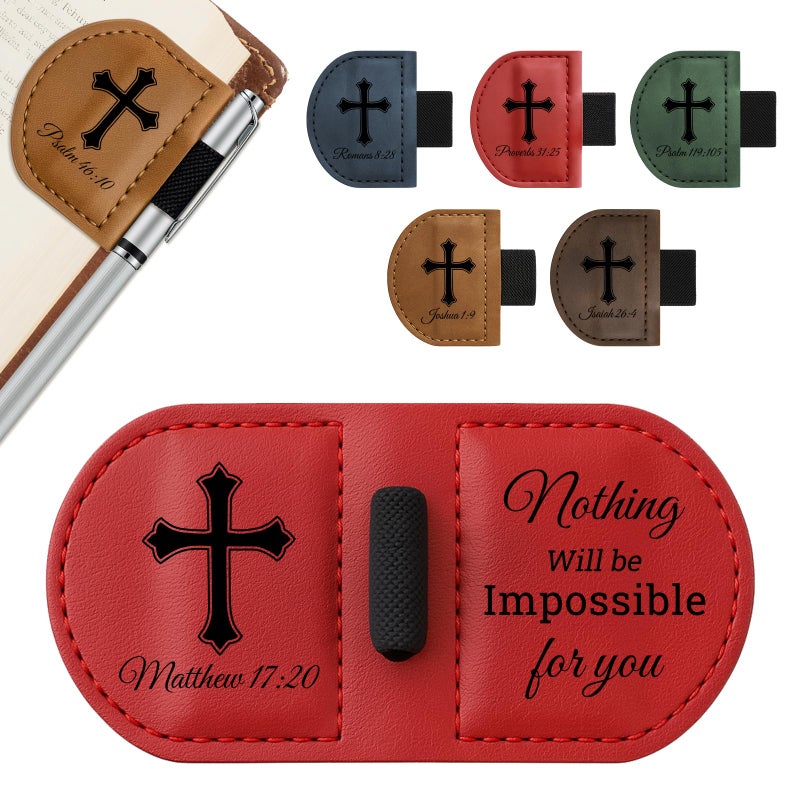 JUBOPE Bygone Mark Personalized Magnetic Leather Bookmark with Pen Holder - Inspirational Bible Verse Scripture Design, Custom Book Marker for Book Lovers Men Women (Red-Matthew 17:20) - Image 1