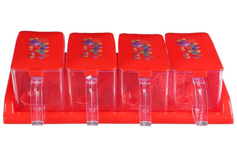 Nabhya Spice Rack Plastic Seasoning Box Set Kitchen Storage Jar Container With Spoon And Serving Tray - 500 ml Plastic Grocery Container - 500 ml Plastic Grocery Container (4 Piece Set, Red) - Image 2
