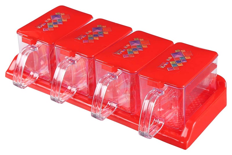 Nabhya Spice Rack Plastic Seasoning Box Set Kitchen Storage Jar Container With Spoon And Serving Tray - 500 ml Plastic Grocery Container - 500 ml Plastic Grocery Container (4 Piece Set, Red) - Image 3