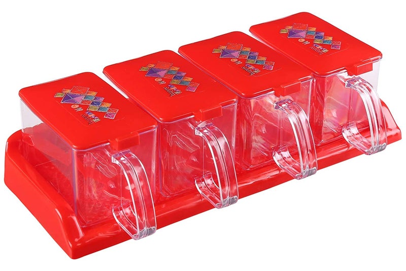 Nabhya Spice Rack Plastic Seasoning Box Set Kitchen Storage Jar Container With Spoon And Serving Tray - 500 ml Plastic Grocery Container - 500 ml Plastic Grocery Container (4 Piece Set, Red) - Image 1