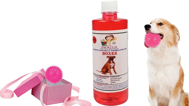 swacch Shampoo | Puppy Safe Shampoo | PH Balanced | Ditch to Itch for Boxer Dog Shampoo 500ml (Strawberry) + Spike Ball Chew Toy Combo Pack - Image 1