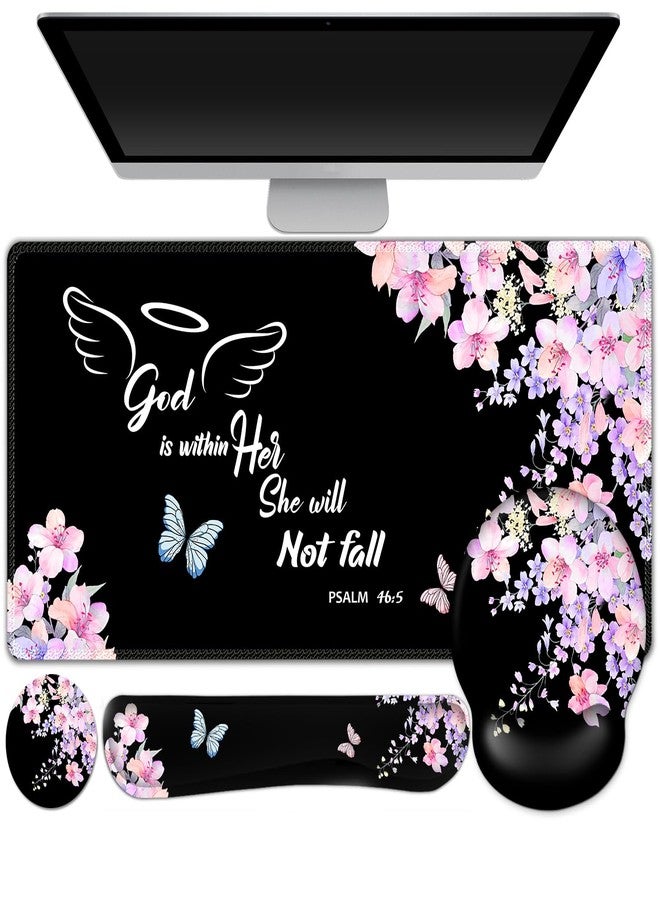 ARTSO Large Mouse Pad Ergonomic Keyboard Wrist Rest Support Combo, Psalm 46:5 God is Within Her, She Will not Fall -Bible Verse Flower Butterfly Extended Desk Mat Blotter - Image 1