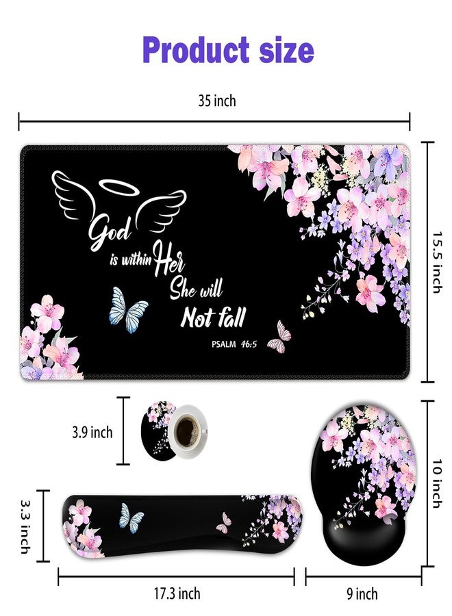 ARTSO Large Mouse Pad Ergonomic Keyboard Wrist Rest Support Combo, Psalm 46:5 God is Within Her, She Will not Fall -Bible Verse Flower Butterfly Extended Desk Mat Blotter - Image 5