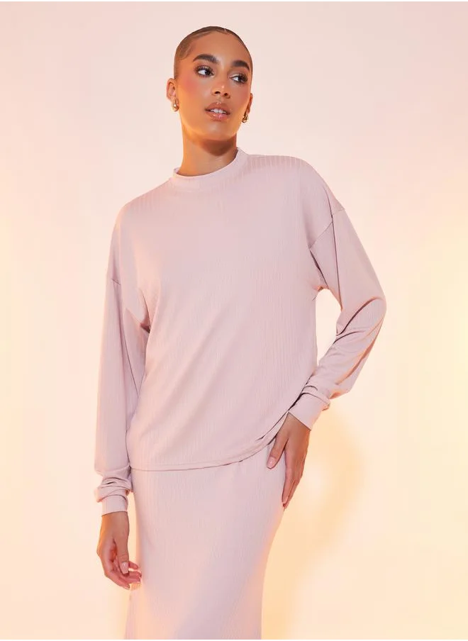 Styli Solid Ribbed Long Sleeve Top & Maxi Skirt Co-Ord