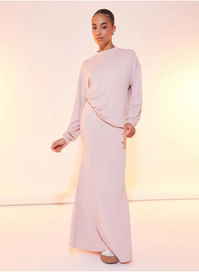 Styli Solid Ribbed Long Sleeve Top & Maxi Skirt Co-Ord