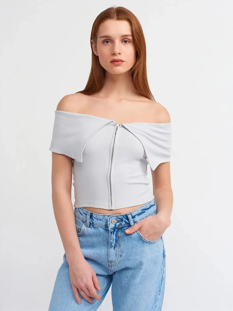 ديلفين Dilvin Women's Off-shoulder Crop T-shirt With Zipper