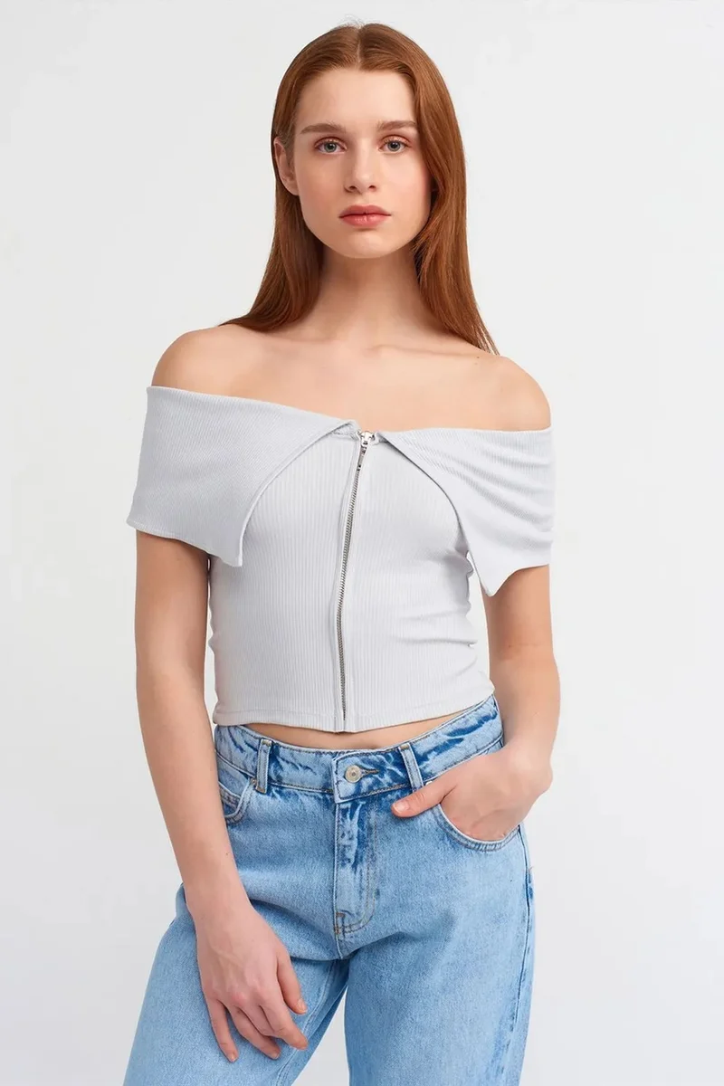 ديلفين DILVIN Women's Off-shoulder Crop T-shirt With Zipper