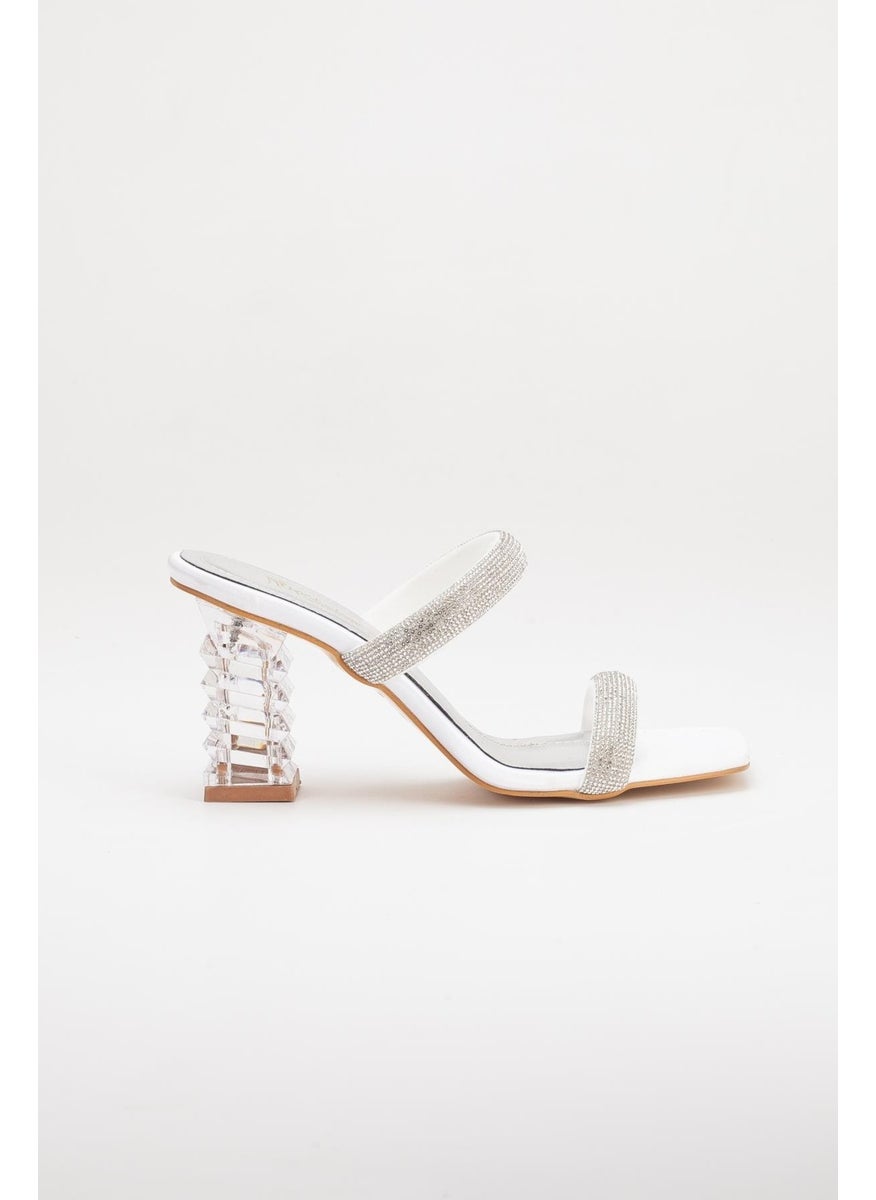 Dilimler Ayakkabı - Slices Shoes Transparent Heels with Rows of Stones Mother of Pearl Women's Evening Dress Slippers Shoes - Image 1