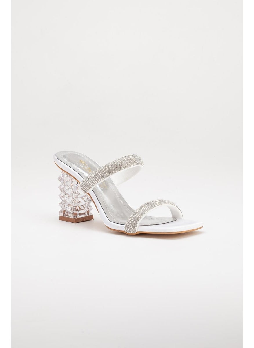 Dilimler Ayakkabı - Slices Shoes Transparent Heels with Rows of Stones Mother of Pearl Women's Evening Dress Slippers Shoes - Image 1