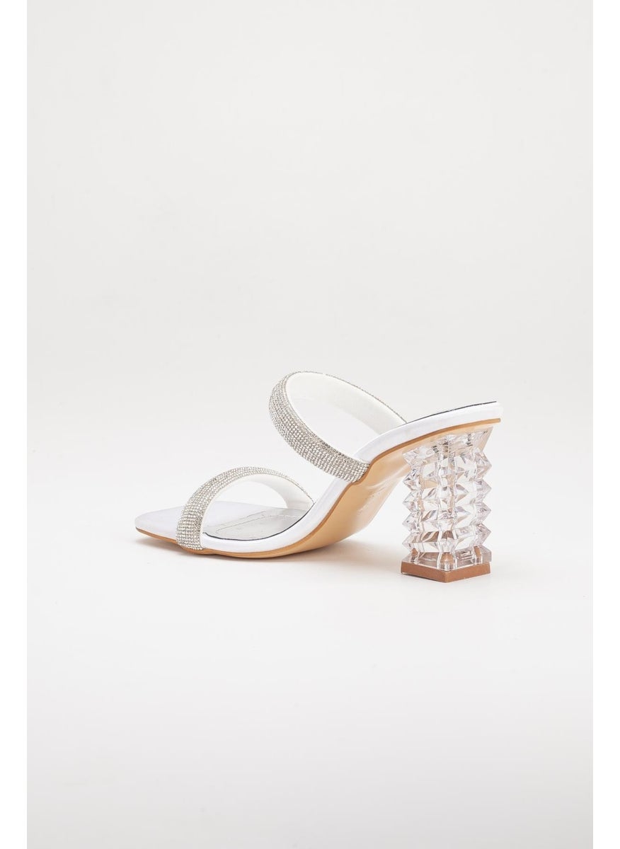 Dilimler Ayakkabı - Slices Shoes Transparent Heels with Rows of Stones Mother of Pearl Women's Evening Dress Slippers Shoes - Image 1