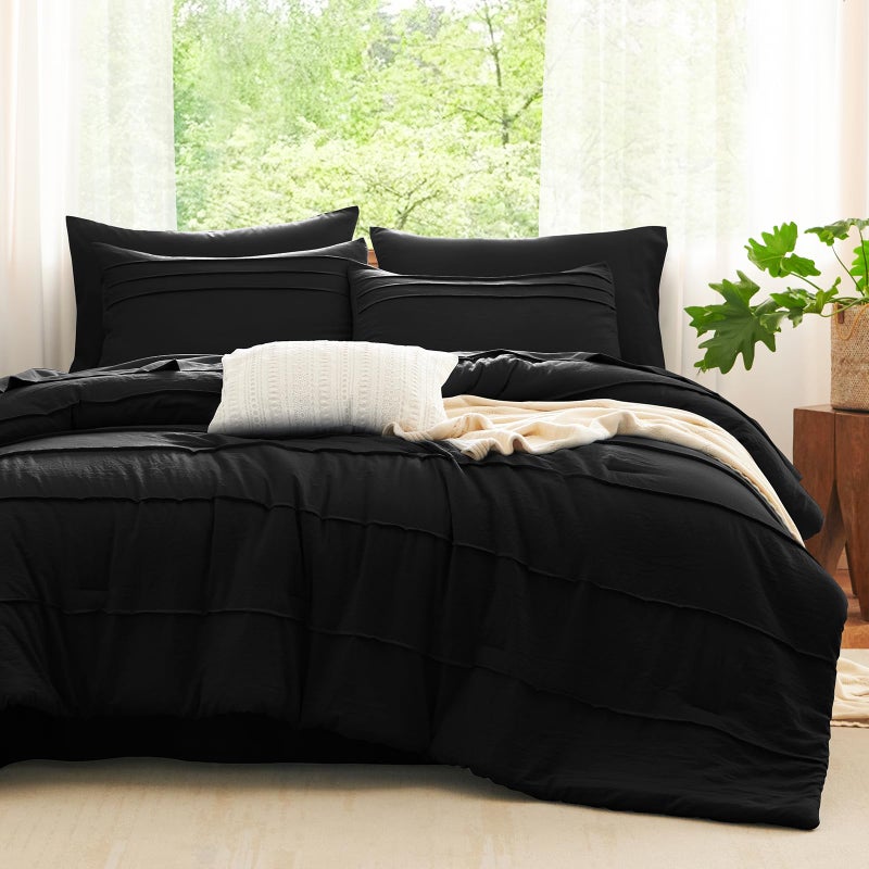 CozyLux Queen Comforter Set Black, 7 Pieces Soft Pinch Pleat Bed in a Bag Queen Comforter Set with Sheets, Boho Bed Set with Down Alternative Comforter, Sheets, Pillowcases & Shams - Image 1