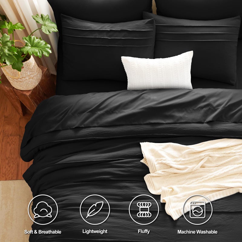 CozyLux Queen Comforter Set Black, 7 Pieces Soft Pinch Pleat Bed in a Bag Queen Comforter Set with Sheets, Boho Bed Set with Down Alternative Comforter, Sheets, Pillowcases & Shams - Image 2
