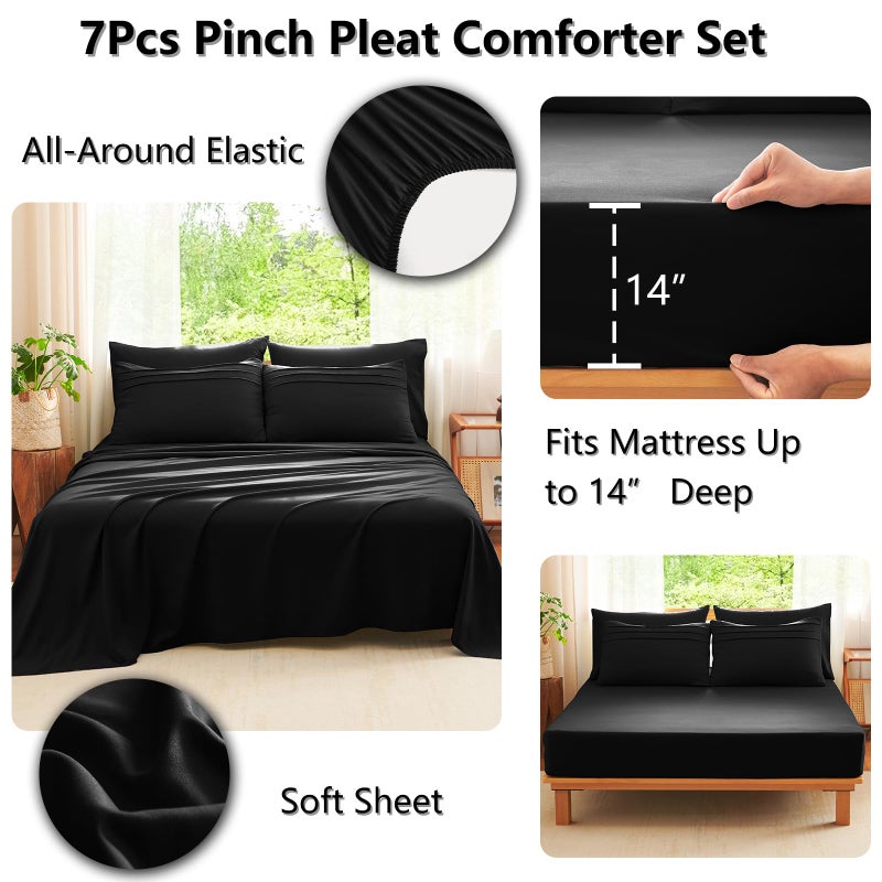 CozyLux Queen Comforter Set Black, 7 Pieces Soft Pinch Pleat Bed in a Bag Queen Comforter Set with Sheets, Boho Bed Set with Down Alternative Comforter, Sheets, Pillowcases & Shams - Image 5
