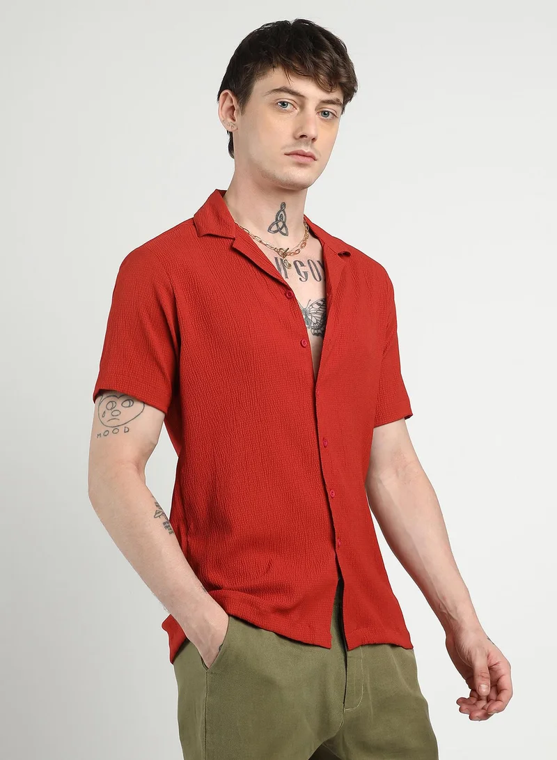 Campus Sutra Men's Scarlet Red Creased Shirt