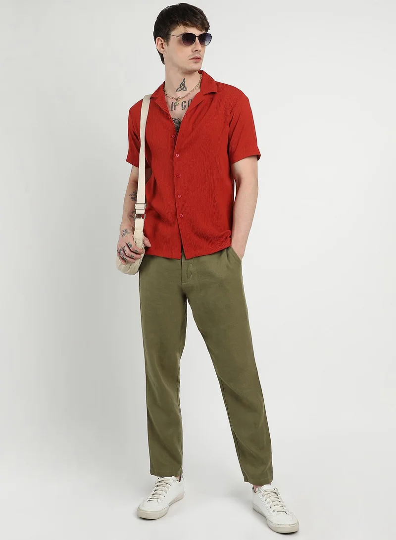 Campus Sutra Men's Scarlet Red Creased Shirt