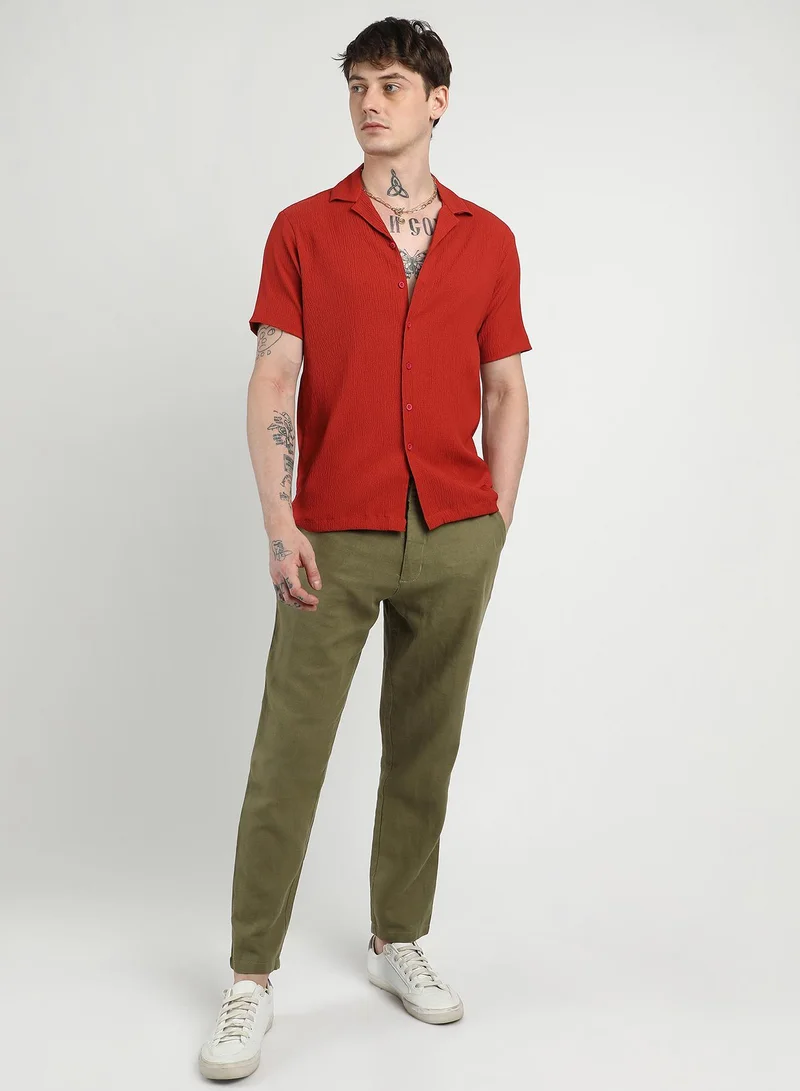 Campus Sutra Men's Scarlet Red Creased Shirt