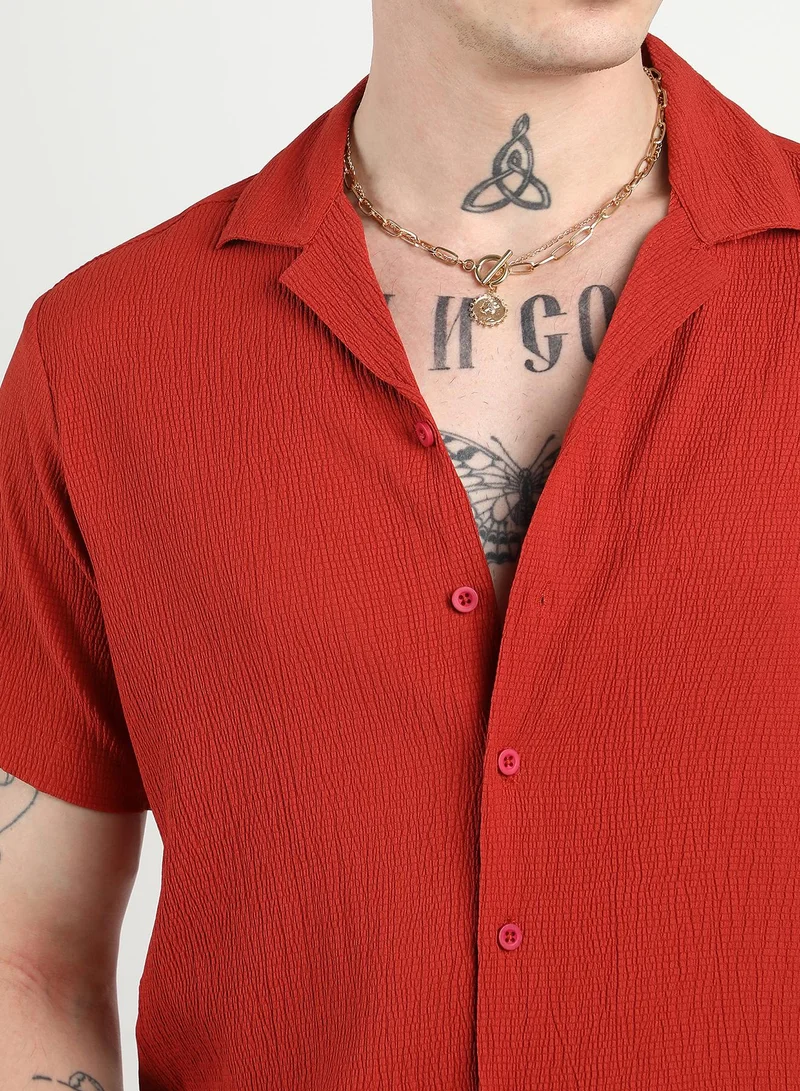 Campus Sutra Men's Scarlet Red Creased Shirt
