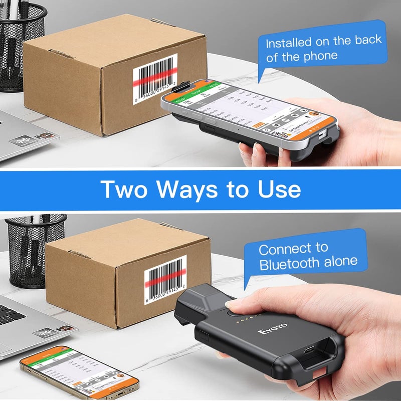 EYOYO ماسح رمز الاستجابة السريعة المحسن بلوتوث أندرويد ماسح الباركود، محمول مع مشبك خلفي لاسلكي 1D 2D UPC ISBN قارئ باركود جرد PDF417 متوافق مع آيفون، هاتف أندرويد - Image 3