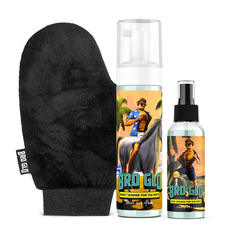 Bro Glo Self Tanner for The Boys - Starter Bundle - Easy Sunless Tan For Your Face & Body With Mitt Applicator - Oil Free Water Based for Faster Skin Drying - Natural Sun Kissed Bronze Color Perfect for Men - Gift Set (Starter Bundle) - Image 1
