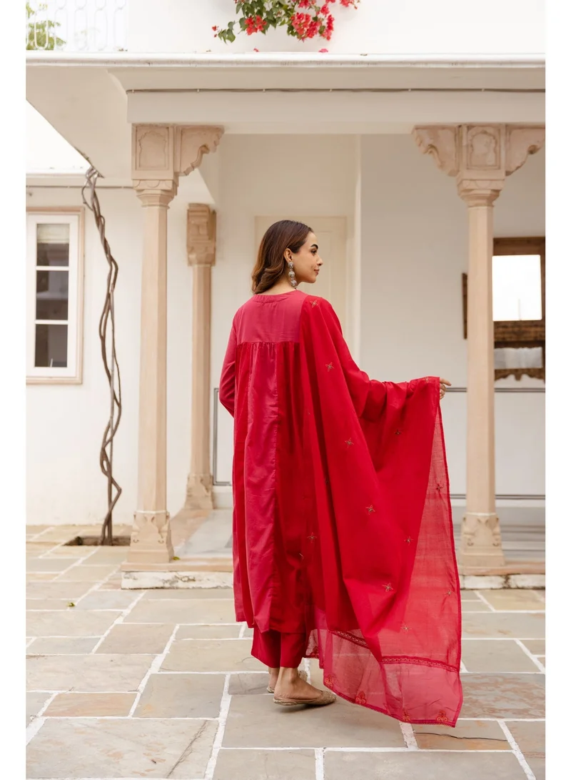 PRIYA’S PANACHE Red Embroidered Cotton Anarkali Kurta Set for Women | Kurta Pant Dupatta Set | Indian Traditional Wear | Ethnic Indian Wear | Festive & Party Wear | 3 Piece Suit