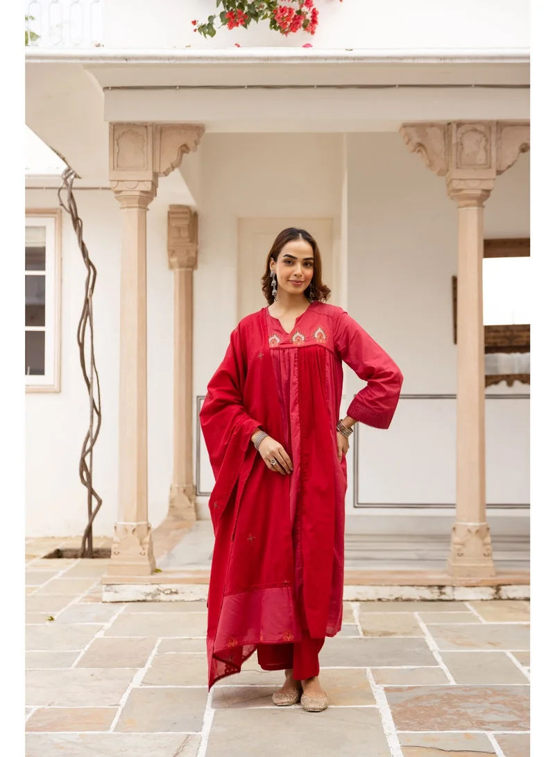 PRIYA’S PANACHE Red Embroidered Cotton Anarkali Kurta Set for Women | Kurta Pant Dupatta Set | Indian Traditional Wear | Ethnic Indian Wear | Festive & Party Wear | 3 Piece Suit