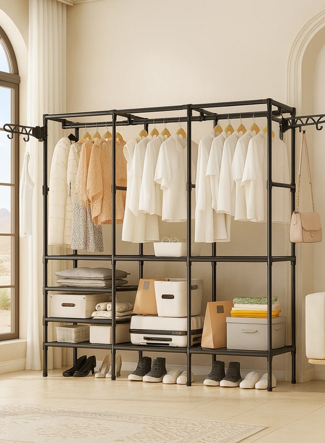 Large Clothes Rack, 3-Row Freestanding Hanger with Side Hooks, Multi-Compartment Clothing Rack, Removable Garment Rack with Raised Base, Suitable for Storing Clothes, Accessories, Shoes, Bags, Towels - Image 1