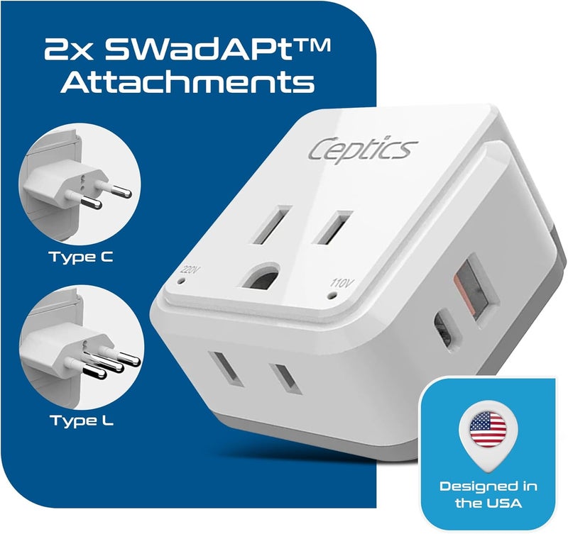 Ceptics Chile, Rome, Italy Travel Plug Adapter Set, Chile plug adapter USB-USB-C 20W PD-QC 18W, 2 Outlet, US to Italy plug adapter for Lybia, Uruguay Includes Type C, L SWadAPt Attachments - PAK-IT - Image 4