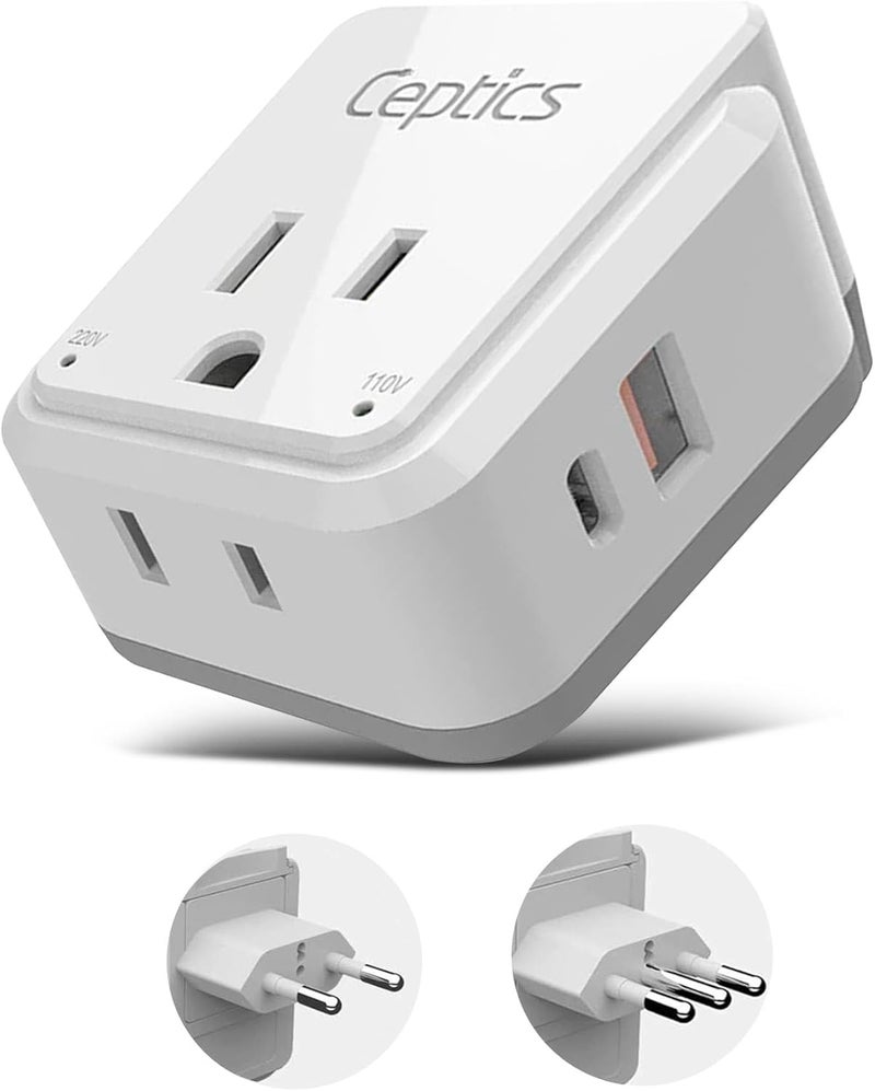 Ceptics Chile, Rome, Italy Travel Plug Adapter Set, Chile plug adapter USB-USB-C 20W PD-QC 18W, 2 Outlet, US to Italy plug adapter for Lybia, Uruguay Includes Type C, L SWadAPt Attachments - PAK-IT - Image 1