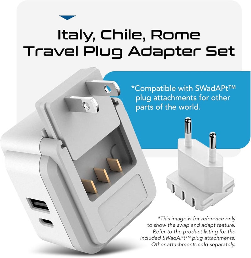 Ceptics Chile, Rome, Italy Travel Plug Adapter Set, Chile plug adapter USB-USB-C 20W PD-QC 18W, 2 Outlet, US to Italy plug adapter for Lybia, Uruguay Includes Type C, L SWadAPt Attachments - PAK-IT - Image 5