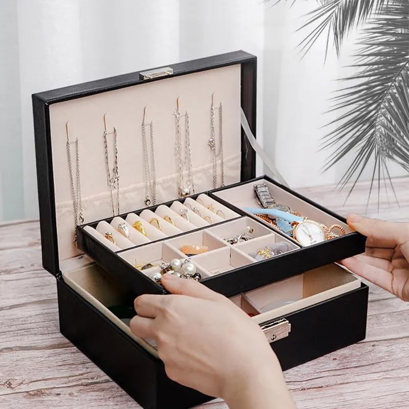 ketmart Jewelry Box Organizer for Women Girls,Large PU Leather Jewellery Storage Case with 2 Layers Display Holder & Removeable Tray for Earrings Rings Necklaces Bracelets(Color- Black) - Image 5