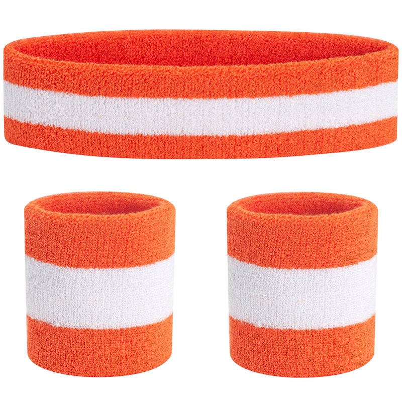 FACATH Sweatbands Headband and Wrist Set, Cotton Sweat Band for Athletic Men and Women, Sweatbands Sports Headbands for Working Out, Running, Basketball, Tennis, Yoga (Orange/White/Orange) - Image 1