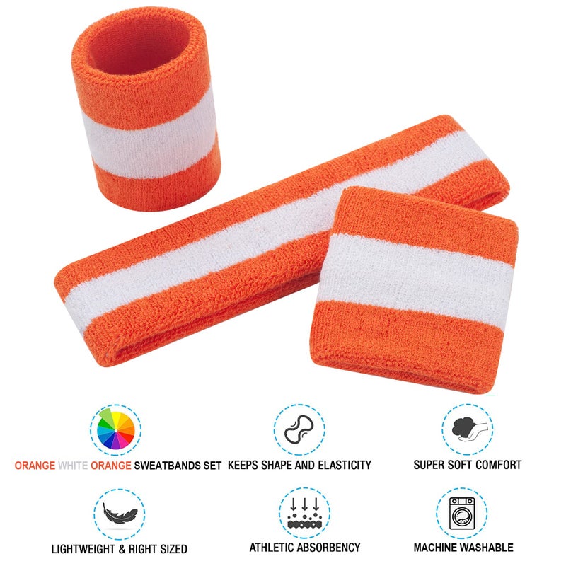 FACATH Sweatbands Headband and Wrist Set, Cotton Sweat Band for Athletic Men and Women, Sweatbands Sports Headbands for Working Out, Running, Basketball, Tennis, Yoga (Orange/White/Orange) - Image 2