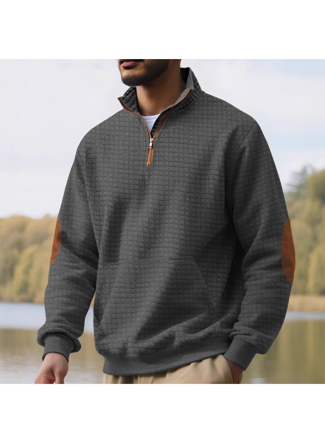 Tk Casual Sports Hoodie Jacquard Small Square Stand Collar Half Zipper Waffle Top For Men - Image 2