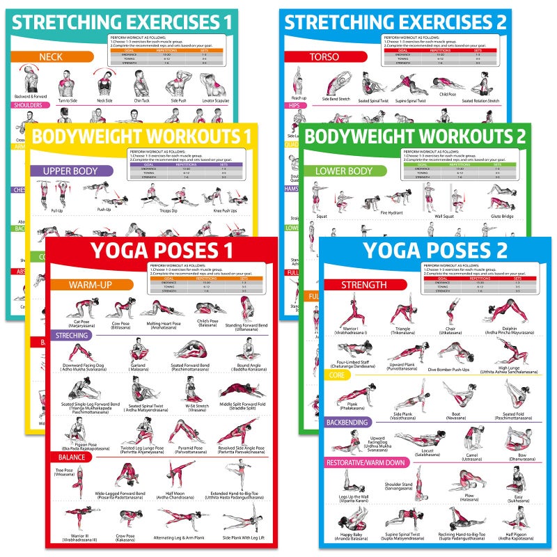 gisgfim 6PCS Yoga Poses, Stretching and Bodyweight Exercise Poster Set Workout Posters for Home Gym Yoga Positions Exercise Chart Full Body Workout Poster Fitness Charts Garage Home Wall Decor - Image 1
