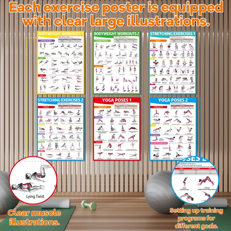 gisgfim 6PCS Yoga Poses, Stretching and Bodyweight Exercise Poster Set Workout Posters for Home Gym Yoga Positions Exercise Chart Full Body Workout Poster Fitness Charts Garage Home Wall Decor - Image 4