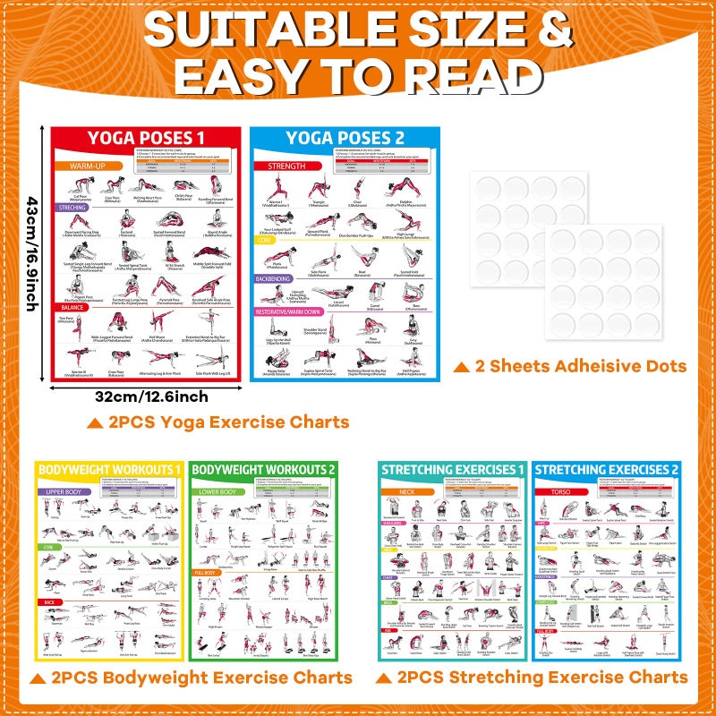gisgfim 6PCS Yoga Poses, Stretching and Bodyweight Exercise Poster Set Workout Posters for Home Gym Yoga Positions Exercise Chart Full Body Workout Poster Fitness Charts Garage Home Wall Decor - Image 2