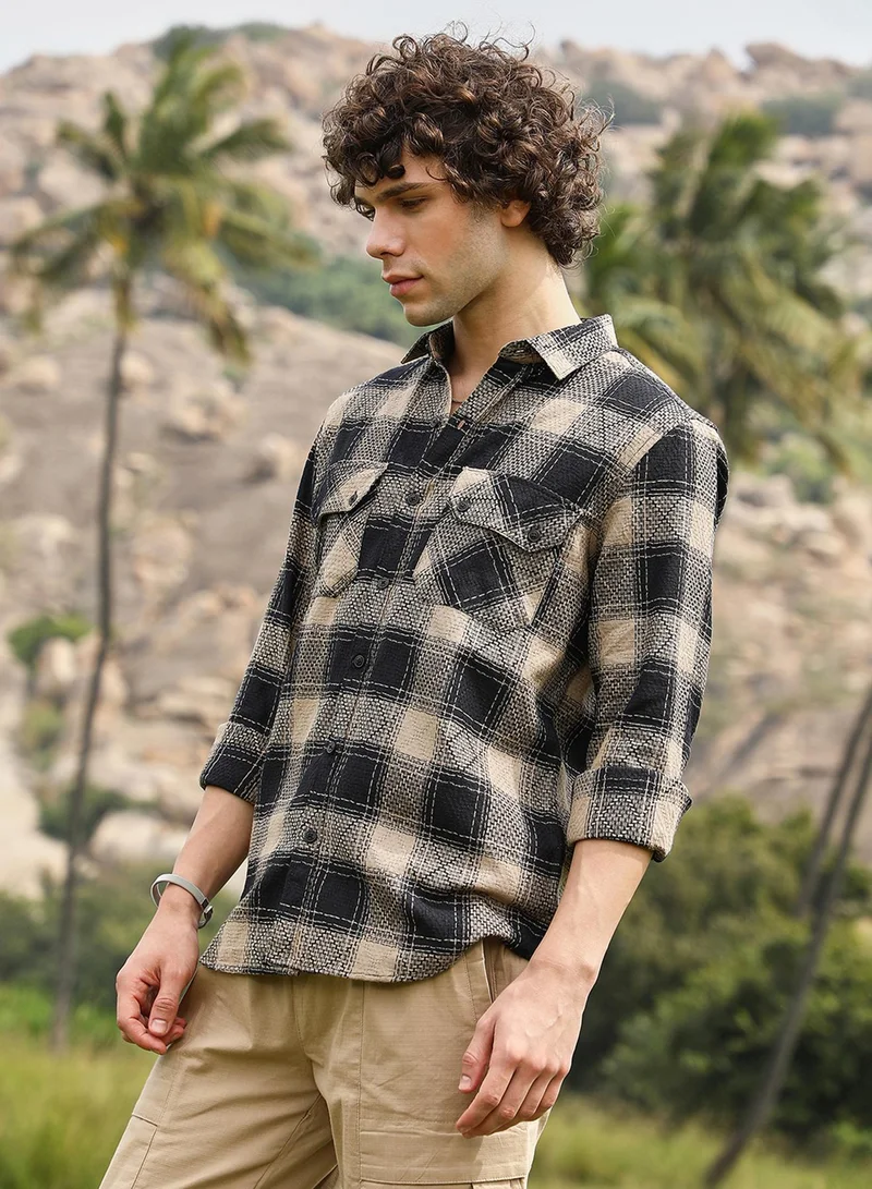 Campus Sutra Men's Raven Black & Sand Beige Buffalo Check Utility Shirt For Casual Wear | Spread Collar | Long Cuffed Sleeves | Button Closure | Shirt Crafted With Comfort Fit For Everyday Wear