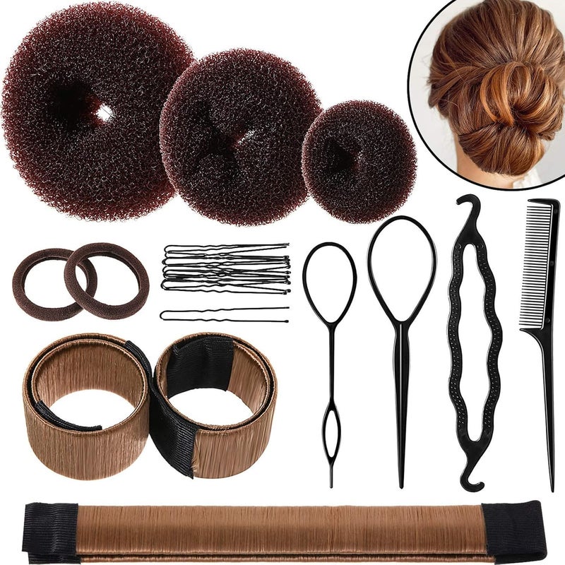 SWIUKPHE 23 Pcs Hair Bun Shaper Set, 3 Donuts 2 Markers 4 Ponytail Tools 10 Bobby Pins 2 Elastic Bands, Brown Hair Bun Maker Kit for Women Kids - Image 1