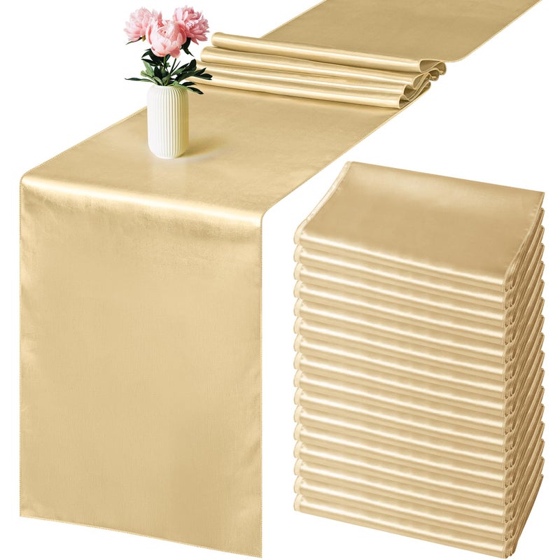 Aneco 16 Pack Satin Table Runner 12 x 108 Inch Champagne Long Wedding Satin Silk Table Runner for Wedding Banquet Graduations Birthday Party Decoration