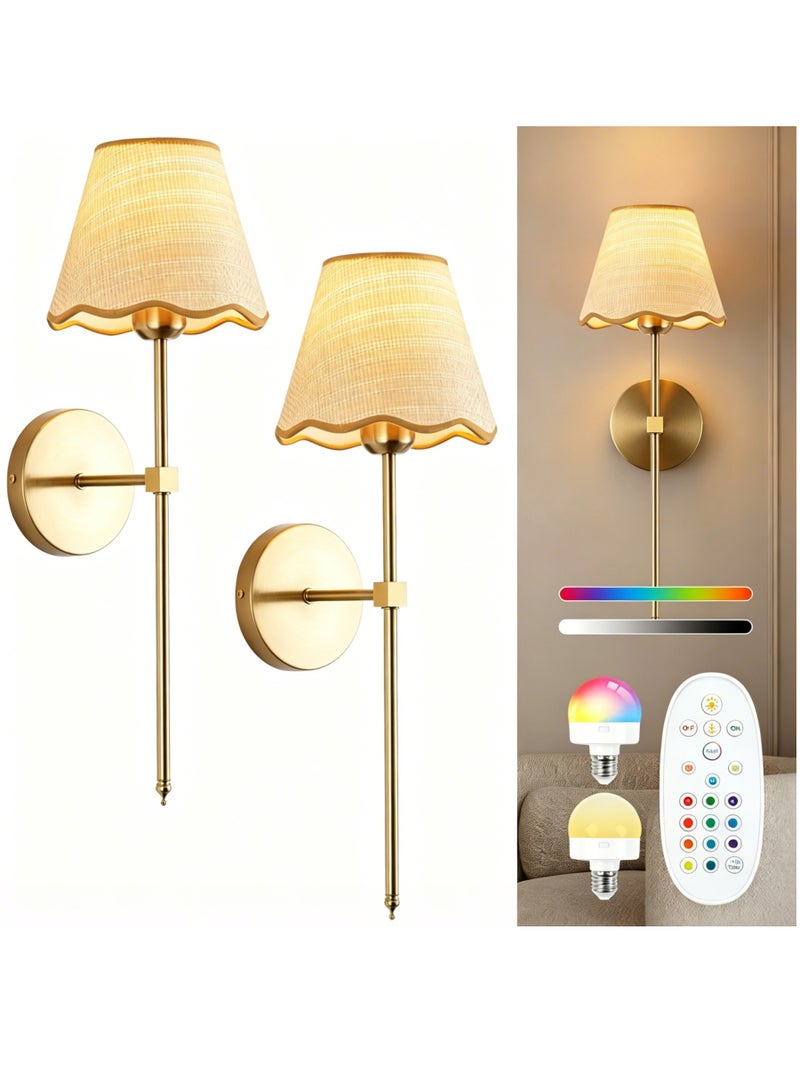 NIUB 2 Pack Wall Sconce with Remote Control, Wireless Rechargeable Gold Wall Lights, 3 Color Temperature, 5 Brightness Levels, 12 RGB Modes, 30/60/120 Mins Timer, Vintage Battery Operated Dimmable Wall Lamps for Bedroom, Living Room, Hallway, Kitchen - Image 1